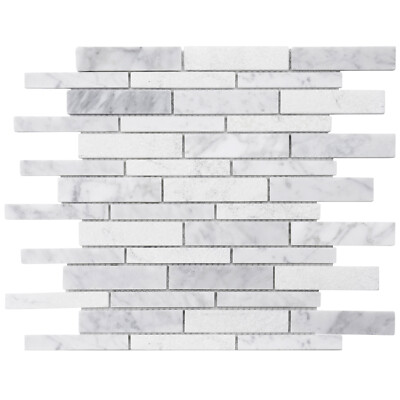White Calacatta Marble Stone Textured Blended Linear Mosaic Tile Wall Backsplash