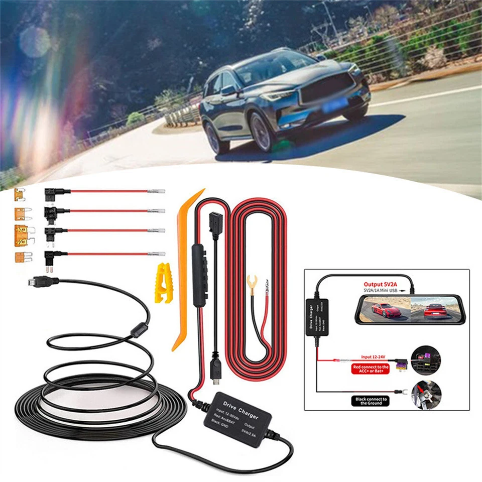 Kit de cable duro para cámara de tablero mini micro USB carga cable duro cable fusible para coche DVR Foto 2 de 4