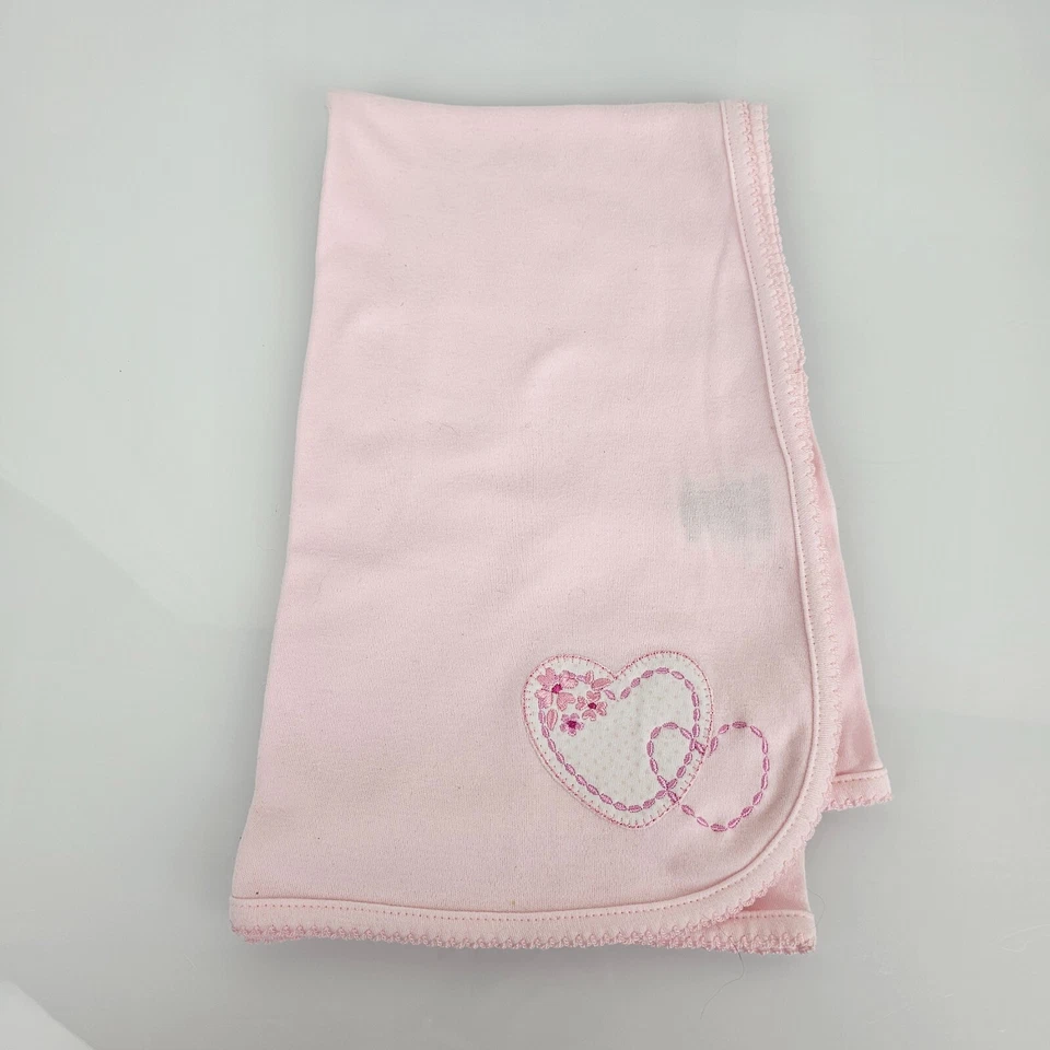 Manta de recepción vintage de 1 capa de algodón rosa de solo un año para bebé niña corazones blancos Foto 2 de 4