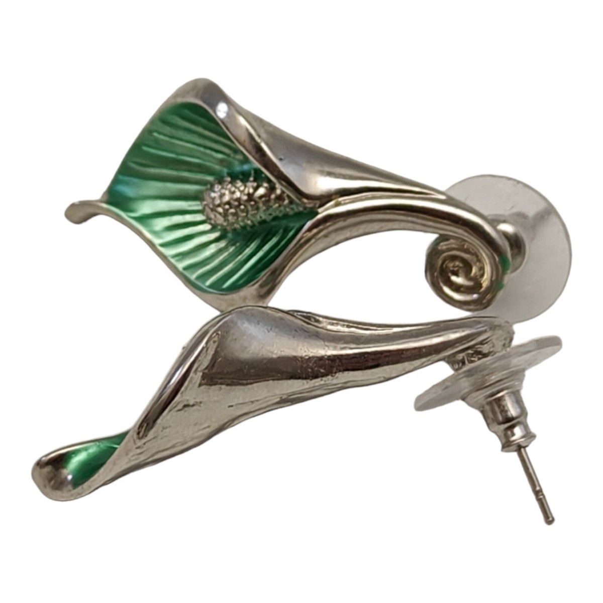 Cala Lily Earrings Green Silvertone View 4