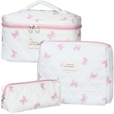 Quilted Makeup Bag Set - 3 PCS Cute Floral Cotton Makeup Bag, Large Bow