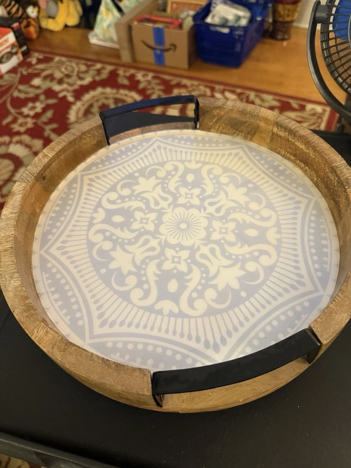 K50-Wood Lazy Susan With Moroccan Blue And White Inlay 11.5” Dia. - Image 2 of 3