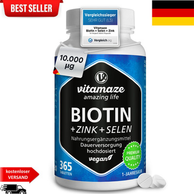 Biotin hochdosiert 10.000 mcg + Selen + Zink für Haarwuchs Haut & Nägel 365 v...