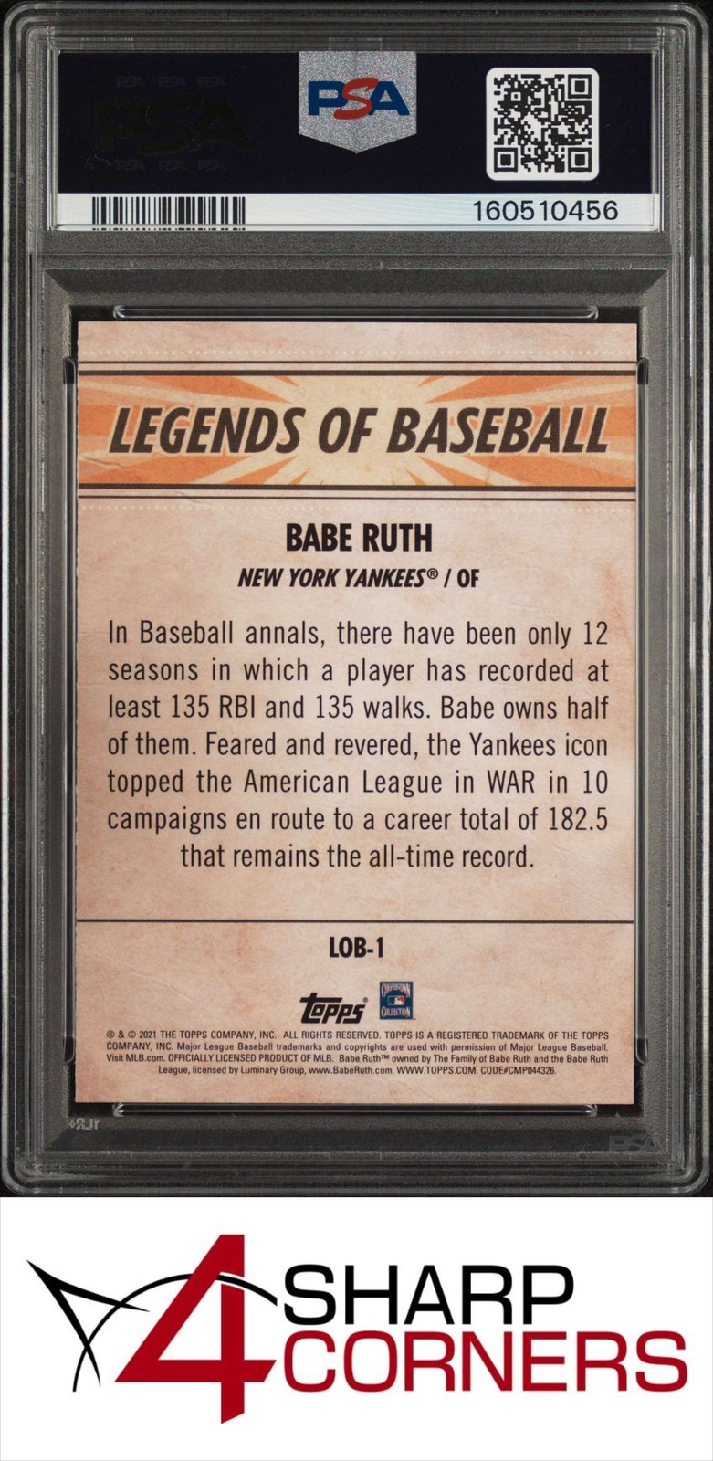 2021 TOPPS OPENING DAY LEGENDS OF BASEBALL #1 BABE RUTH HOF POP 2 PSA 10 view 2