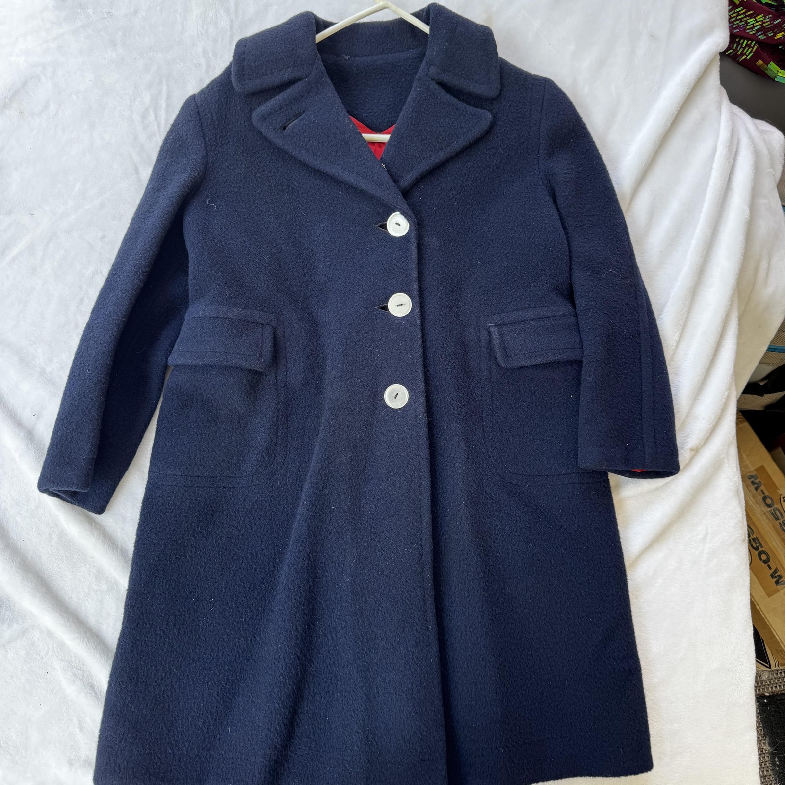 Vintage 60s Ancuna Navy Blue Wool Coat Womens Medium Button Front Lined Made in USA