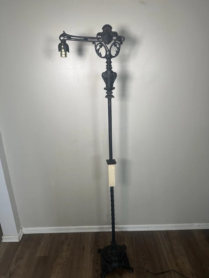 Antique Bridge Floor Lamp Iron Brass Marble Lion Crest Twist 56” Black - Image 2 of 4