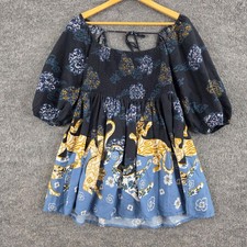 Anthropologie Dress SP Smocked Flannel Pajama Tiger Balloon Sleeve Boho Peasant