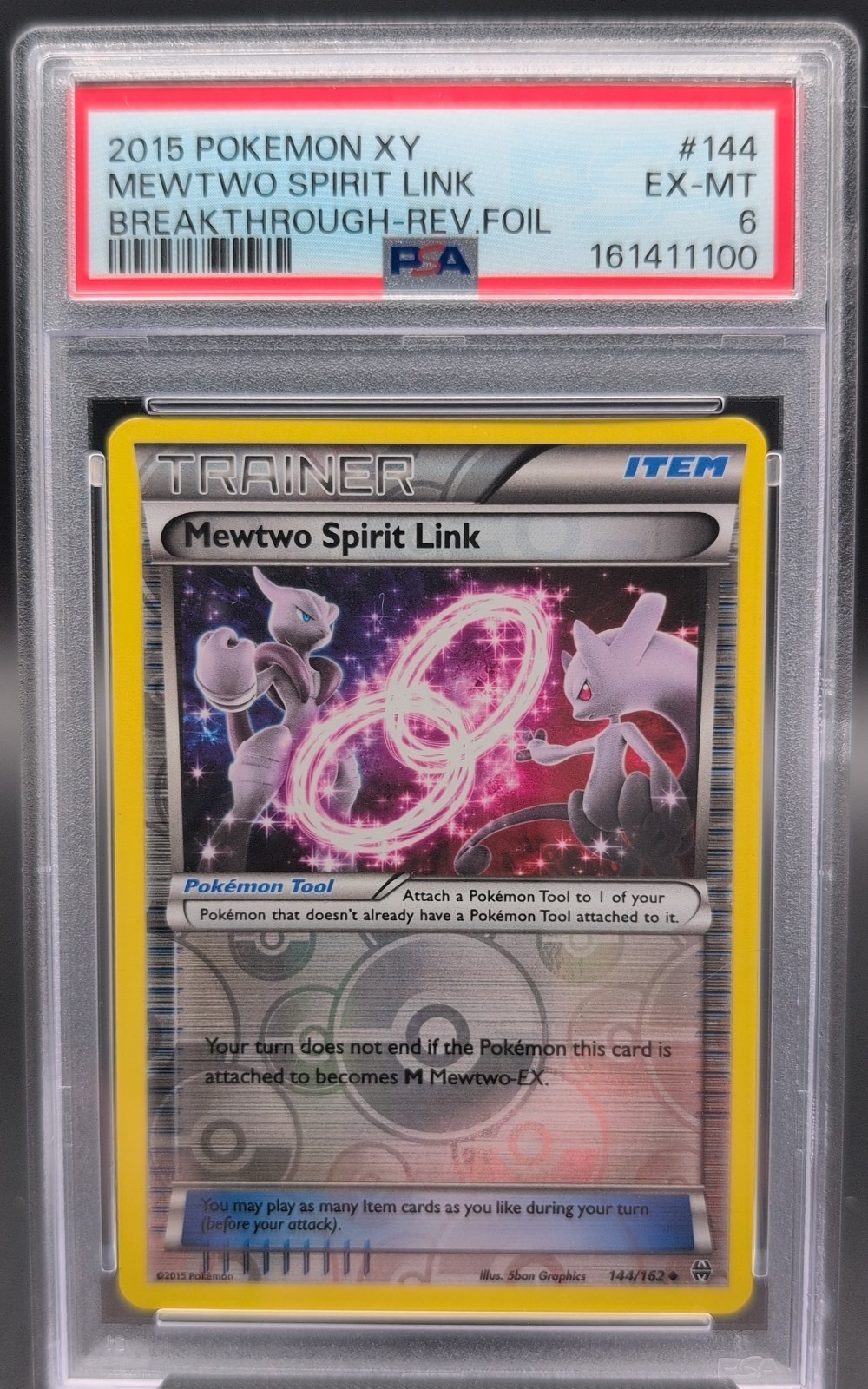 Pokemon Mewtwo Spirit Link 144/162 Breakthrough Reverse Holo PSA 6