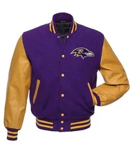 NFL Baltimore Ravens  Purple Body Gold Leather Sleeves Varsity Jacket Size 4XL