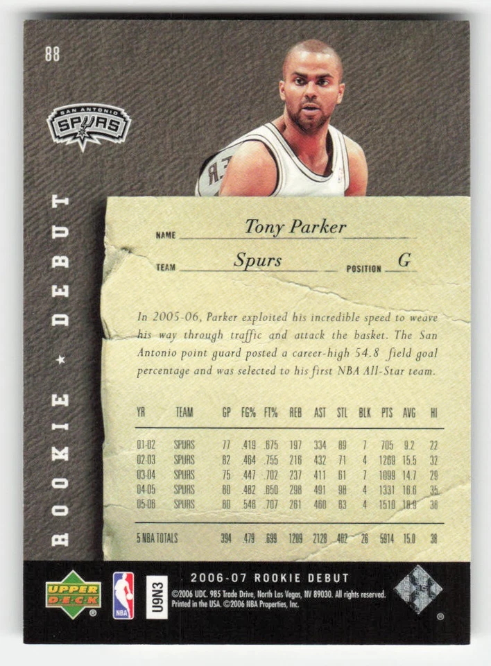 Tony Parker 2006-07 Upper Deck Rookie Debut Platinum Silver Spectrum #/150 - Image 2 of 2