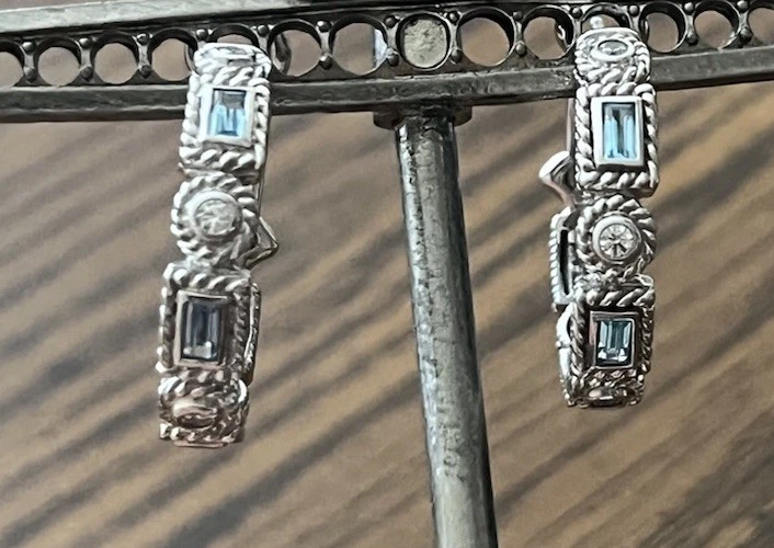 JUDITH RIPKA 925 STERLING SILVER BLUE TOPAZ & CZ DIAMONIQUE HOOP EARRINGS - Image 4 of 4