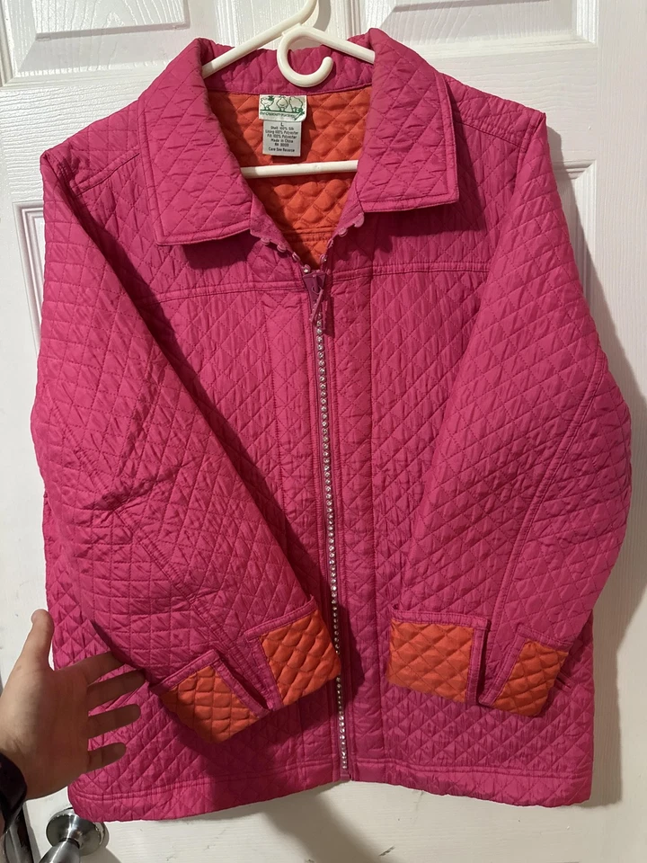 Quacker Factory Jacket Womens Large Quilted Silk Rhinestone Zip Lined Bling - Image 2 of 4