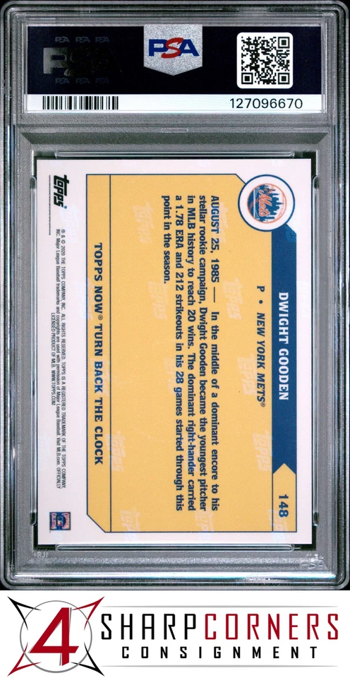 2020 TOPPS NOW TURN BACK THE CLOCK #148 DWIGHT GOODEN POP 2 PSA 10 - Image 2 of 3