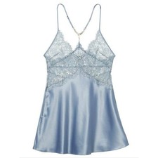 Victoria's Secret Blue Silver Lace  Satin Chemise Lingerie Nightgown Size M