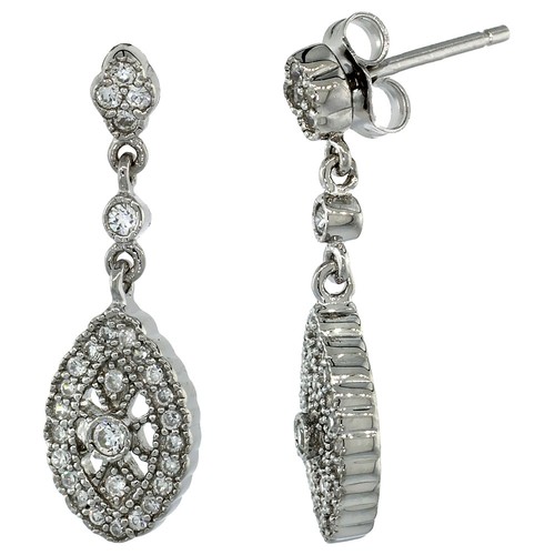 Orecchini pendenti vintage in argento sterling con pietra dura naturale verde e marcasite, stile marquise - Italia