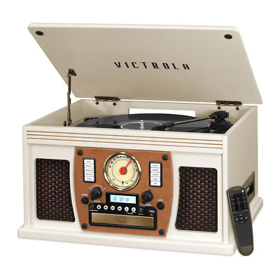Nostalgic Wood Record Player White Modern Speaker CD Cassette Bluetooth FM Radio