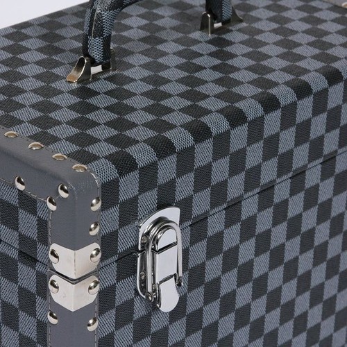 Large Storage Trunk Checkered Navy Grey Vanity Case Faux Leather Travel Chest - Picture 2 of 6