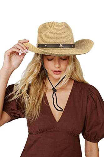 Straw Cowboy Hat with Wind Lanyard String Cowgirl Hat Western Straw Cowboy Cowgirl Hat for Men Women Wide Brim  main image 4