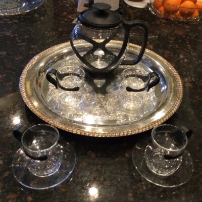 BODUM Black Handle RARE Doppio Espresso  Mugs Demitasse Glass w Plates/Teapot