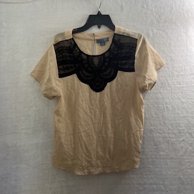 Lil Womans Blouse Top Beige Small Geometric Silk Short Sleeve Round Neck