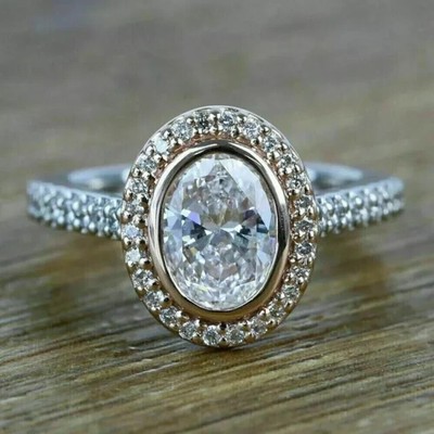2 CT Oval Cut Real Moissanite Halo Women's Ring 14K Two Tone Gold Plated Silver