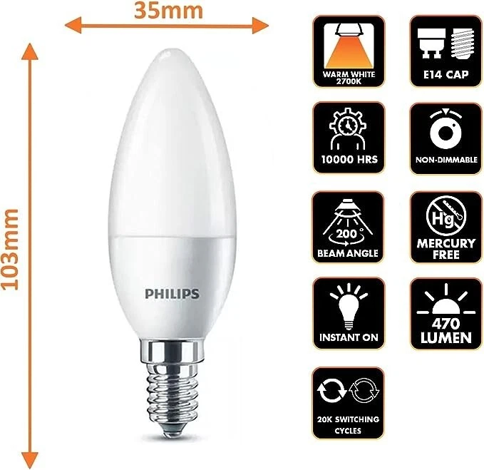 Philips CorePro 5.5W E14 LED Candle Bulb 2700K Warm White Frosted 4 Pack Non-Dim - Image 2 of 4