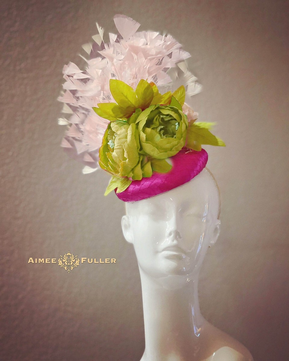 Kentucky Derby Fascinator Hot Pink Fuchsia Green Hat Royal  display picture 3