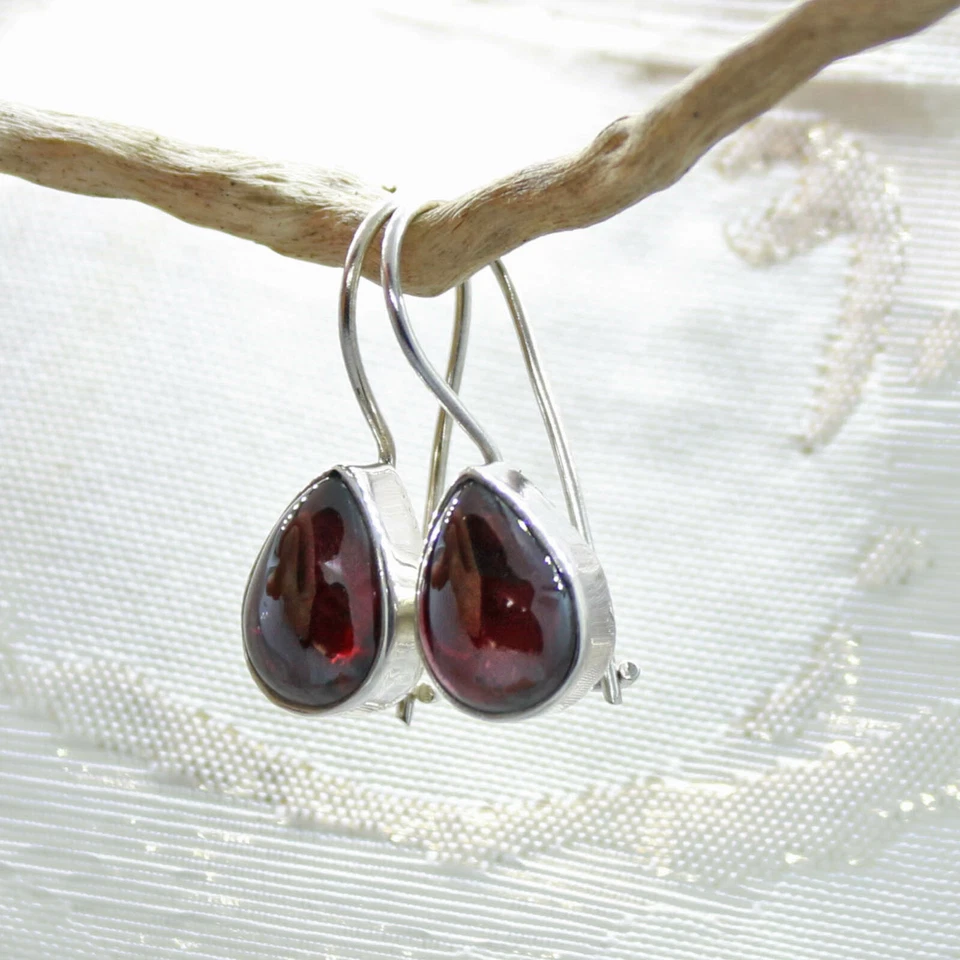 Granato Orecchini Pendenti Argento Sterling 925 Gocce Moderno Cabochon Hv - Immagine 3 di 3