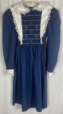 Polly Flinders Navy Hand-Smocked Dress Size Embroidered Flowers Vintage 
