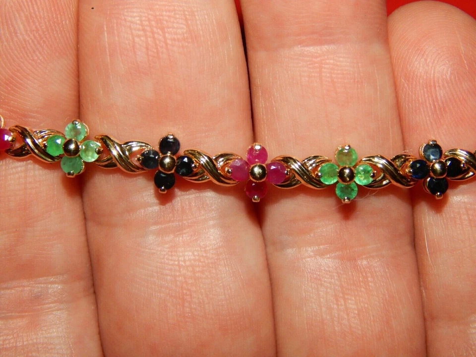 7 克拉模拟红色红宝石和蓝宝石,翡翠网球手链 14K 黄金饰面 — 第 4/4 张图片