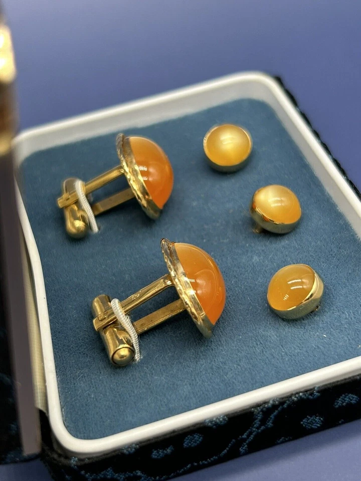 After Six Cufflinks & Tie Pin Set Orange Oval/Round Stone Gold Toned Vintage - Image 4 of 4