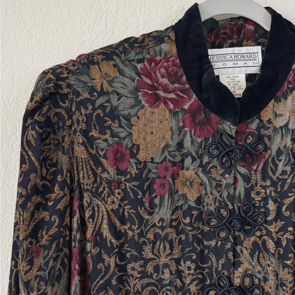 复古 Jessica Howard 花卉长裙女式 18 码黑色挂毯巫术哥特式 — 第 2/4 张图片