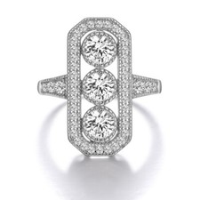 Ladies Art Deco Design Sterling 925 Fine Silver White Sapphire Panel Ring Size N