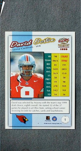 1999 Pacific Paramount Gold #1 David Boston RC Cardinals - Picture 2 of 2