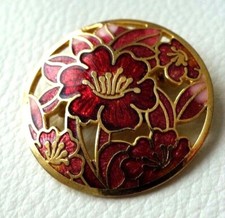 BROCHE cercle cloisonné fleur doré rouge rose Flower goldtone brooch pins NEUF !