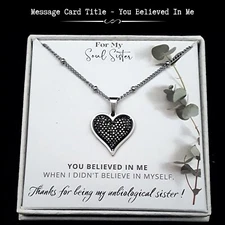 Gift For Soul Sister Stainless Steel Black Rhinestone Heart Necklace - Note Card
