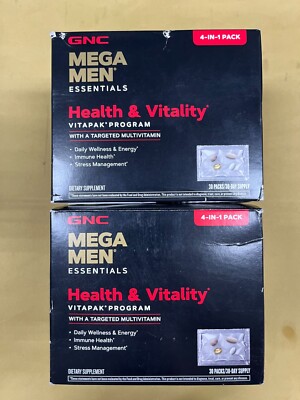 2 New GNC Mega Men Essentials Health & Vitality Vitapak Program - 30 Packs Each