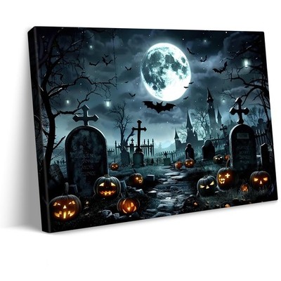 Vintage Gothic Halloween Canvas Wall Art Spooky Deserted Tomb Scene with Full...