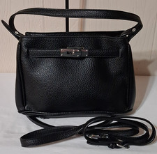 Black Pebbled Satchel Top Handle Turn Lock Detachable Strap Silver