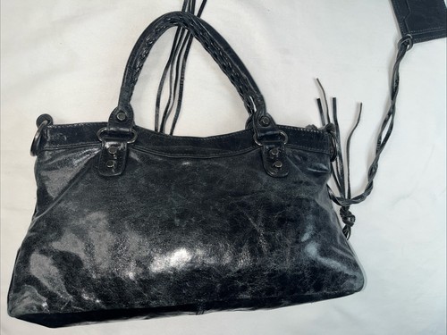 Besso Jet Black Distressed Leather Motorcycle Rocker Biker Moto City Bag Purse - Picture 3 of 18
