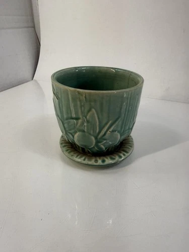 McCoy Sand Dollar Planter with Attached Saucer 4” X 4.5” Aqua Green Teal