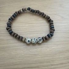 Stretch Bracelet In Light and Dark Wood Beads With 3 Stone Center, 8  