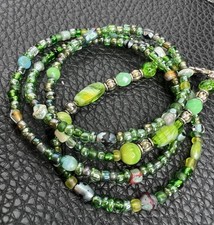 Vintage Handmade Green Blue Glass Beaded Necklace 27" L