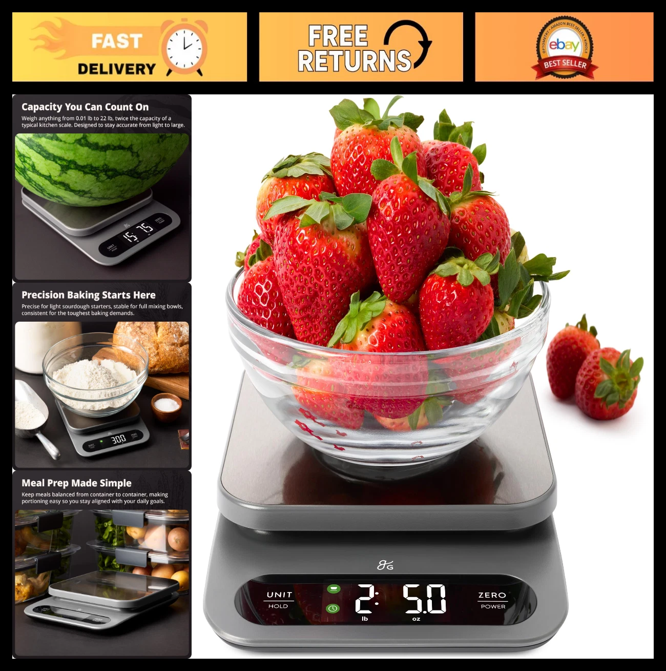 High-Capacity Digital Food Scale 10kg/22lb, 1g Precision, Stainless Steel, LCD D