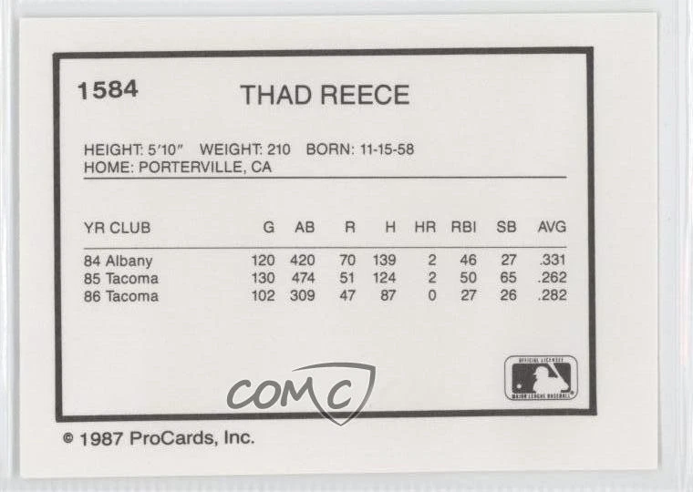 1987 ProCards Minor League Thad Reece #1584 - Image 2 of 2