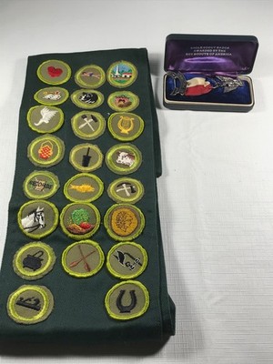 1955-1969 Eagle Scout Robbins 4 Sterling Medal 23 Merit Badge Sash Explorer GRN