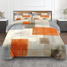 Gray Beige Orange Painting Comforter Set King Size, Grey Contemporary Soft Be...