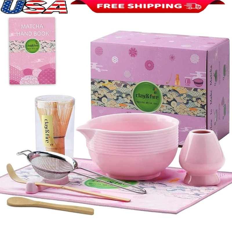 Complete 9 Pcs Matcha Whisk Set W/ Ceramic Bowl Bamboo Tools Ideal Gift New