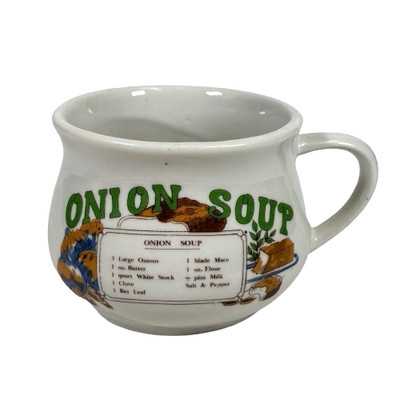 Vintage Onion Soup Recipe Handled Mug Cup Serving Bowl Ceramic Stoneware 16 oz