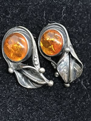 Vintage Sterling Silver 925  Amber Stones Pierced Lilly? Earrings Makers Marked